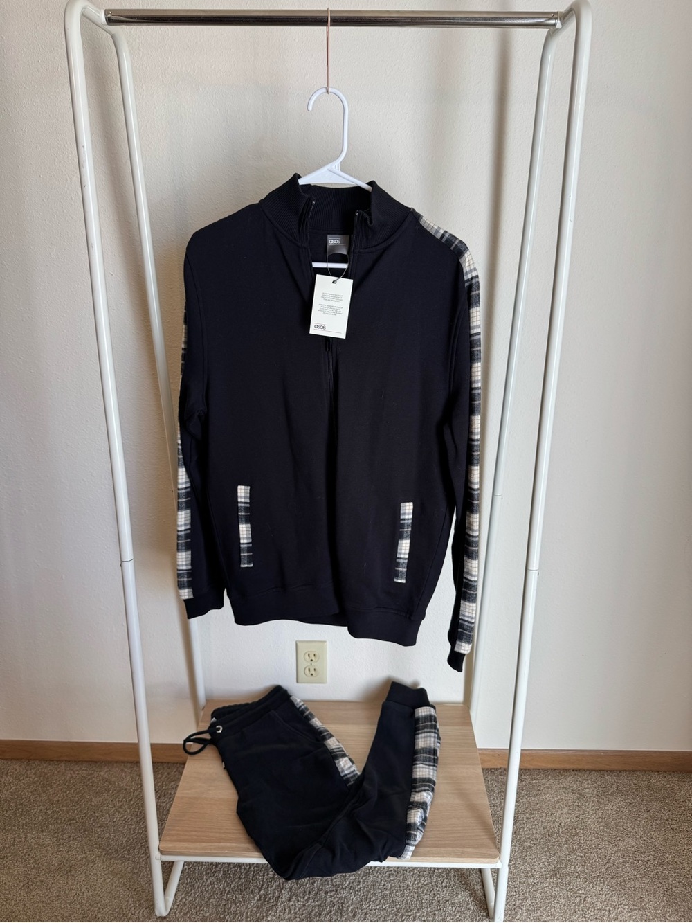 ASOS Black Men’s Zip-Up Sweater with Plaid Trim Set